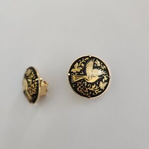 Vintage Damascene Toledo Gold Spain  Bird with Flowers Floral Clip Earring